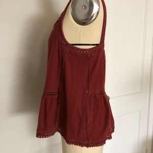 Jcrew rust colored tank top with crochet strap and detail